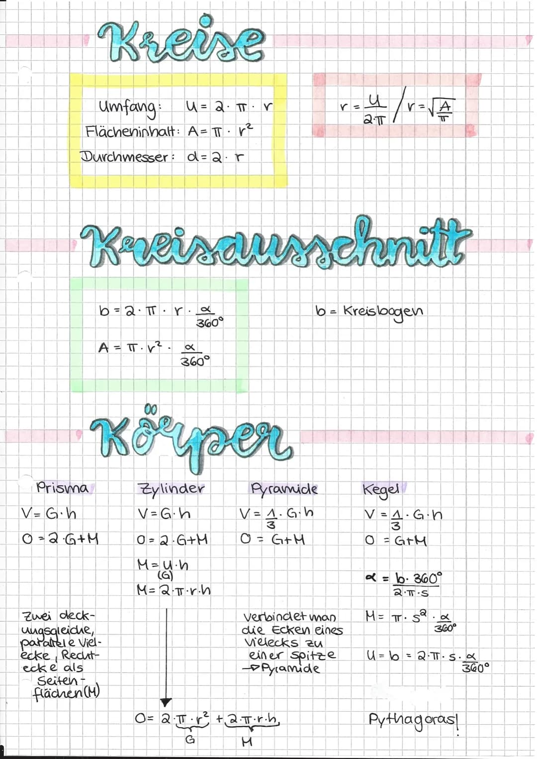 U = 2 · π· v
Umfang:
Flächeninhalt:
A = π· √²
Durchmesser: d= 2. r
Kreise
Prisma
Kreisausschnitt
V=G⋅h
0=2•G+M
b=2·π· r.a
360°
A = πT.V².
Kö