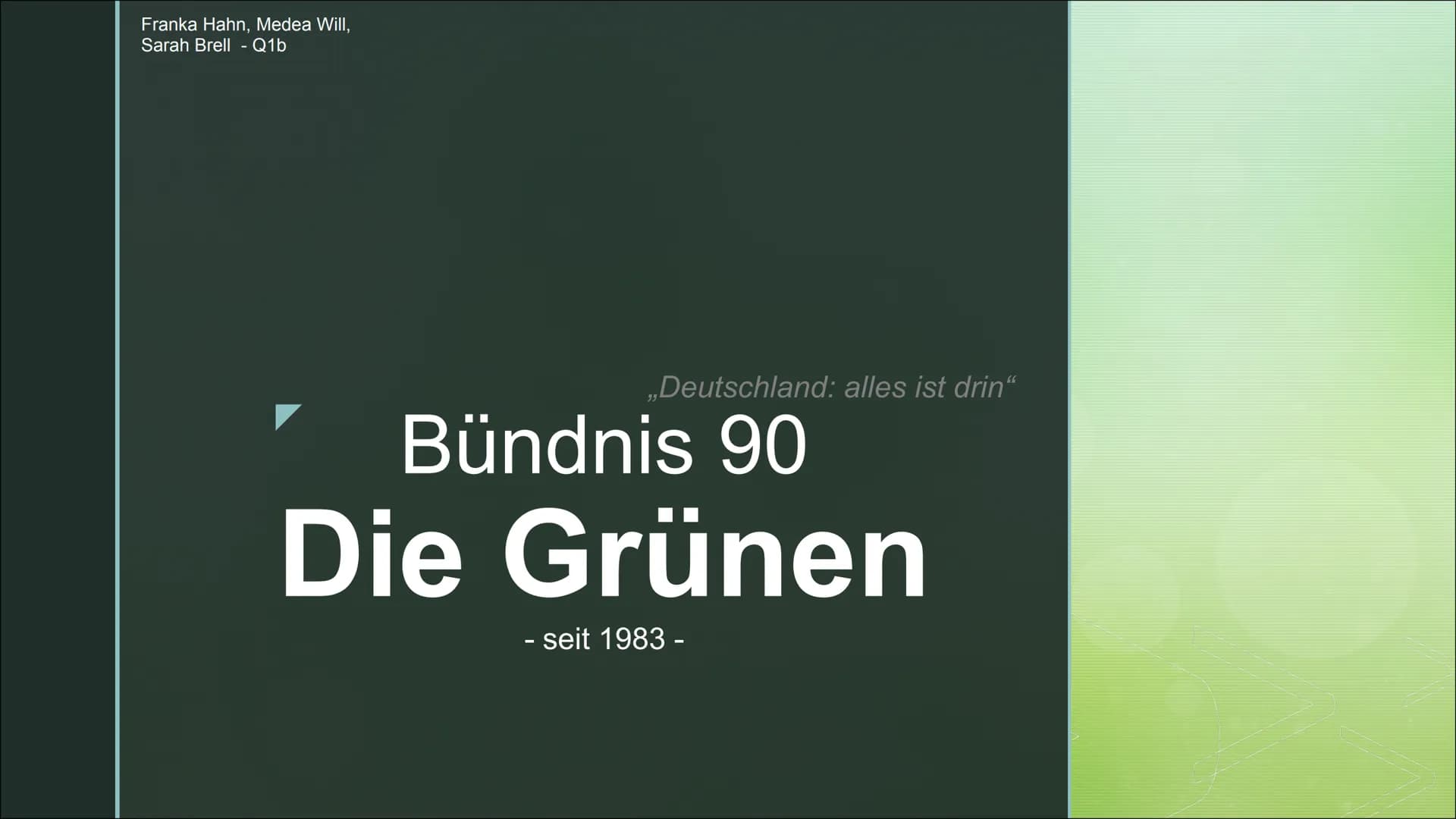 Franka Hahn, Medea Will,
Sarah Brell - Q1b
..Deutschland: alles ist drin“
Bündnis 90
Die Grünen
- seit 1983 - Verkehr
▪ Vision Zero: Tempoli