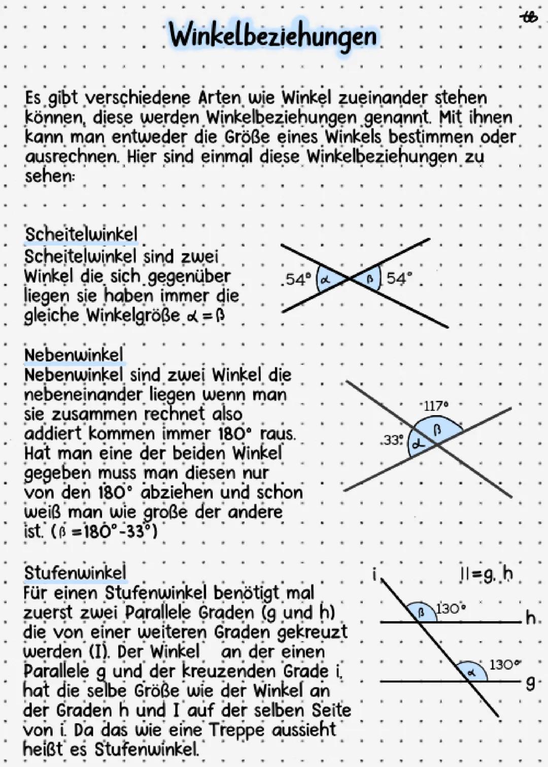 # Winkelbeziehungen

Es gibt verschiedene Arten wie Winkel zueinander stehen
können, diese werden Winkelbeziehungen genannt. Mit ihnen
kann 