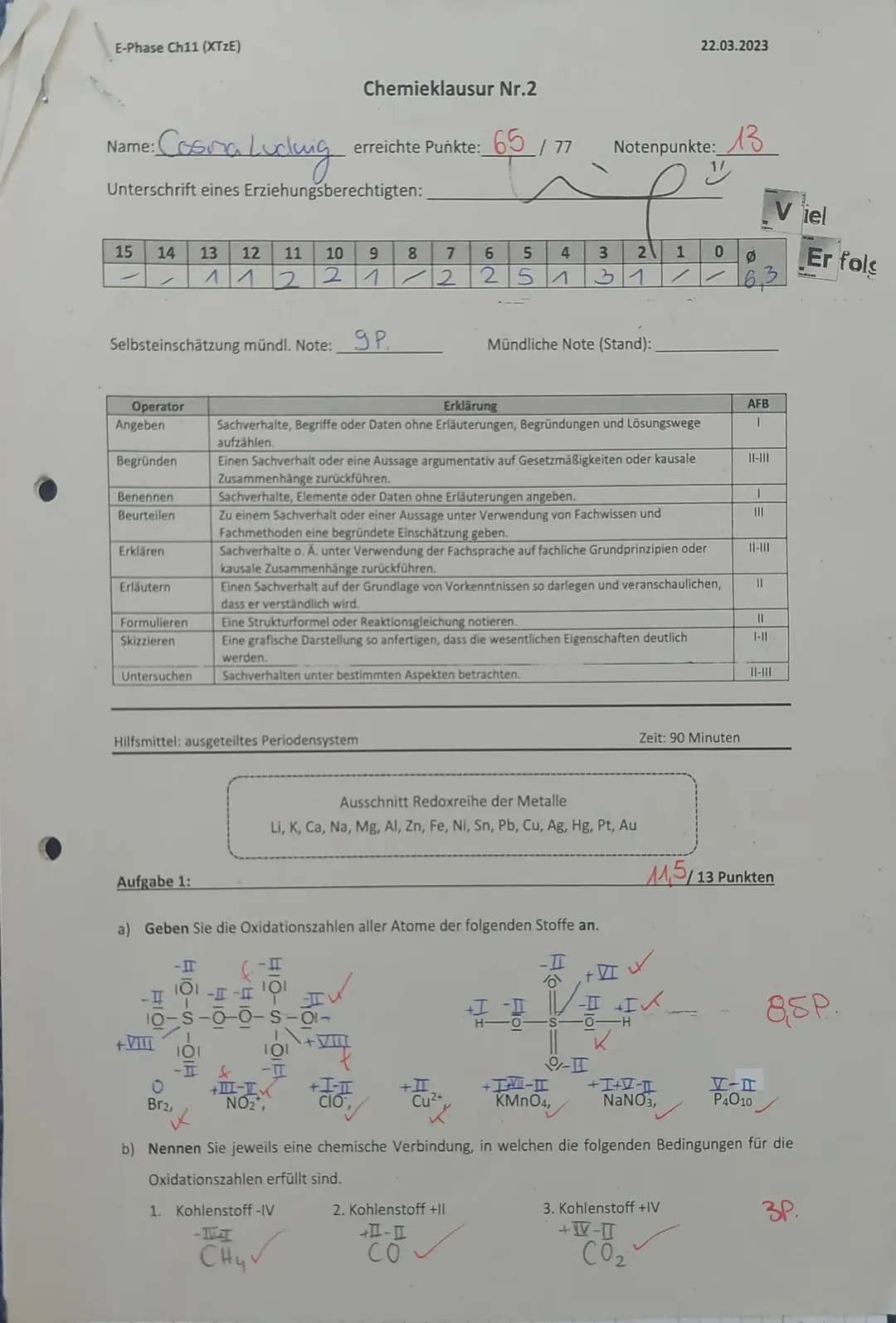 Klausur GK - 13 Punkte - Baterrien, Oxidationszahlen, Redoxreaktion
