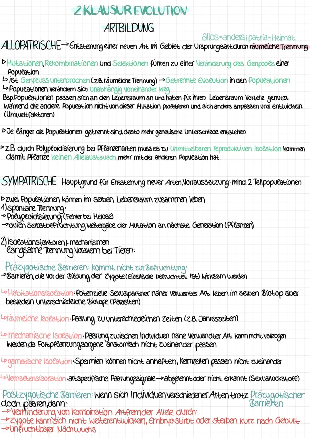 2 KLAUSUR EVOLUTION
ARTBILDUNG
allos-andersi patria-Heimat
ALLOPATRISCHE Entstehung einer neuen Art im Gebiet der Ursprungsart durch räumeic