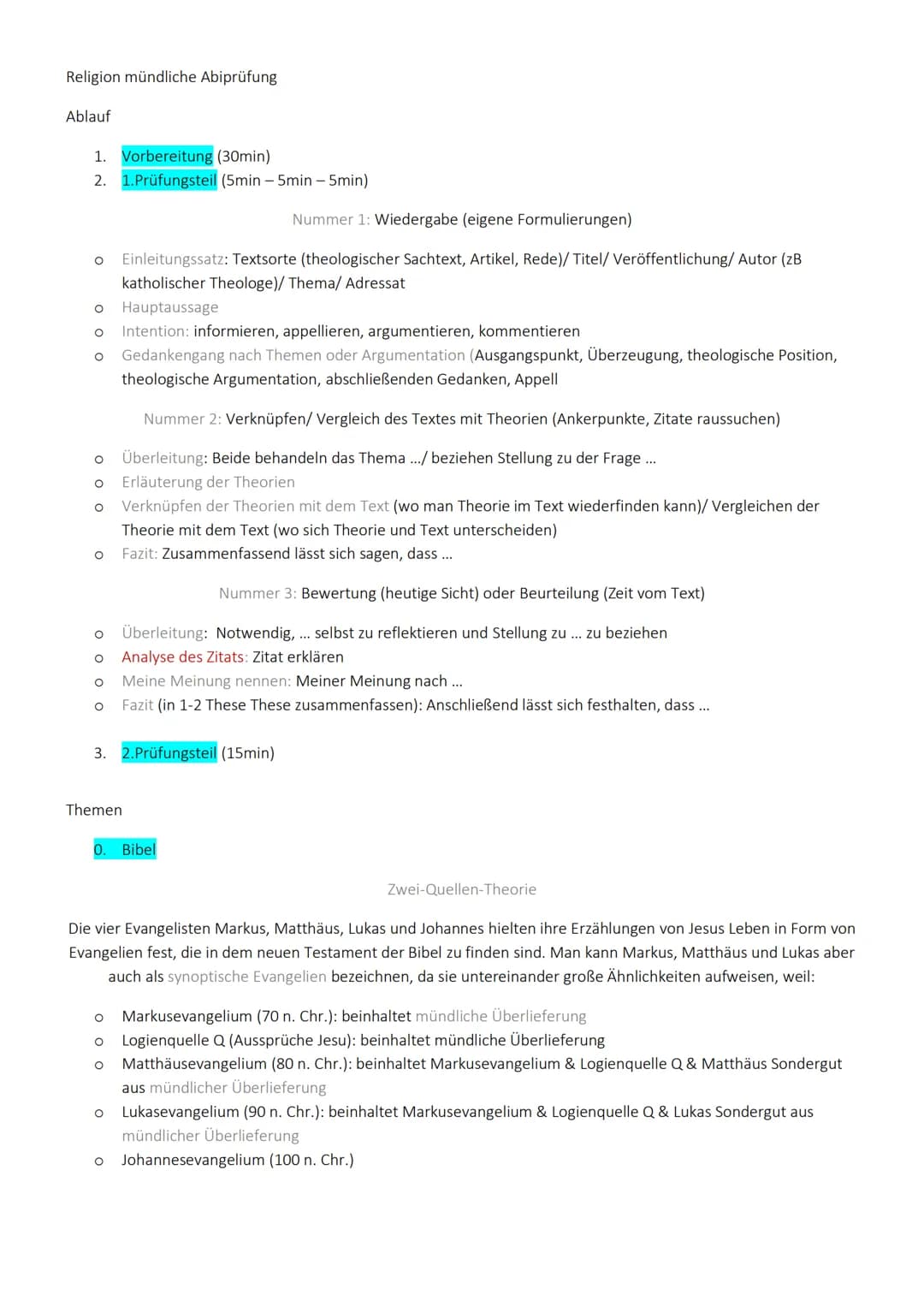 Religion mündliche Abiprüfung
Ablauf
1. Vorbereitung (30min)
2. 1.Prüfungsteil (5min - 5min - 5min)
O Einleitungssatz: Textsorte (theologisc