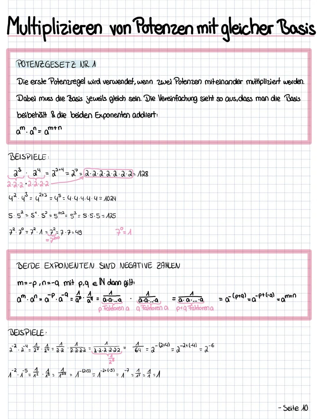 Multiplizieren von Potenzen mit gleicher Basis
POTENZGESETZ NR. 1.
Die erste Potenzregel wird verwendet, wenn zwei Potenzen miteinander mult