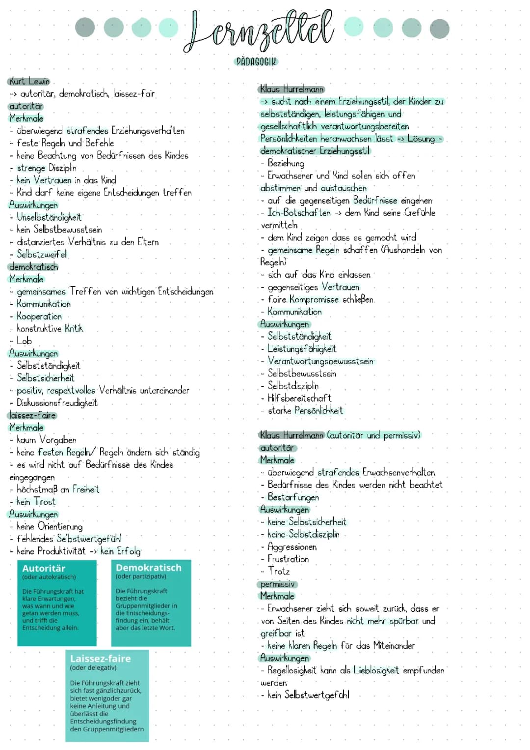 Erziehungsstile nach Kurt Lewin, Baumrind, Tausch und Tausch - Übersicht und PDF