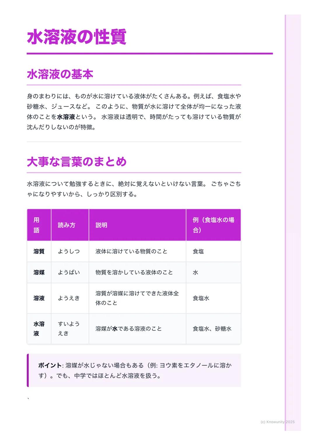 # 水溶液の性質

## 水溶液の基本

身のまわりには、ものが水に溶けている液体がたくさんある。例えば、食塩水や
砂糖水、ジュースなど。このように、物質が水に溶けて全体が均一になった液
体のことを水溶液という。水溶液は透明で、時間がたっても溶けている物質が
沈んだりしないのが特