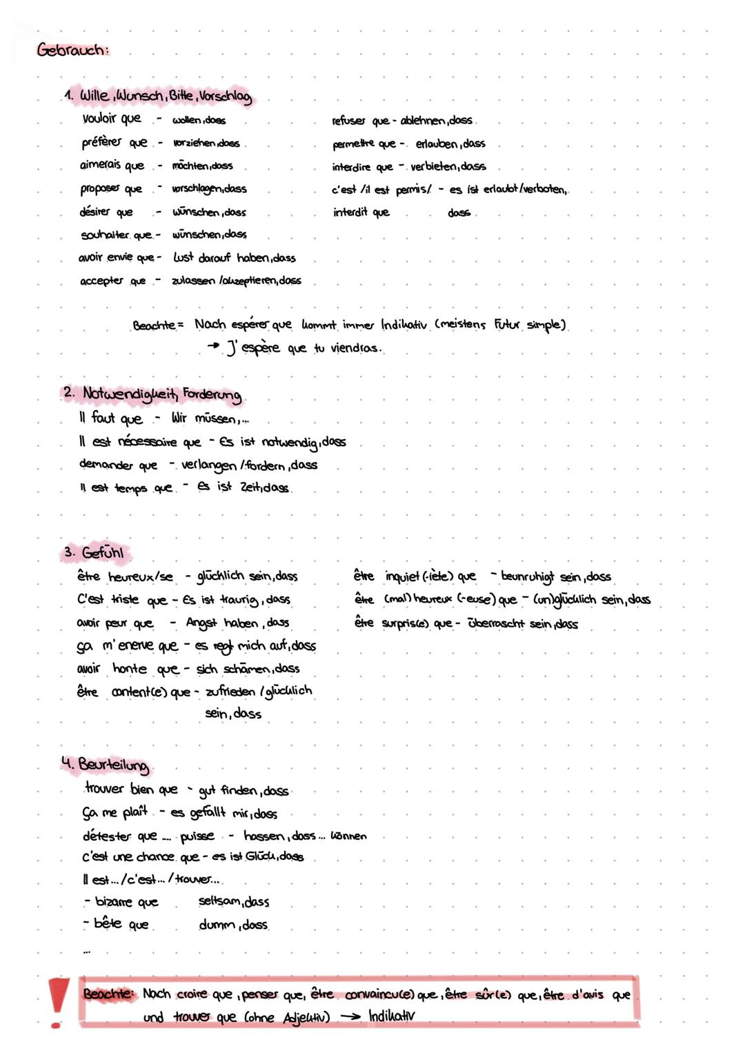 Subjonctif (Formen, Auslöser)

Formen:

venir (kommen)

ils/elles
viennent
Ausgangsform
=3 Ps. Pl. Prās.

il faut que je
vienne
il faut que 