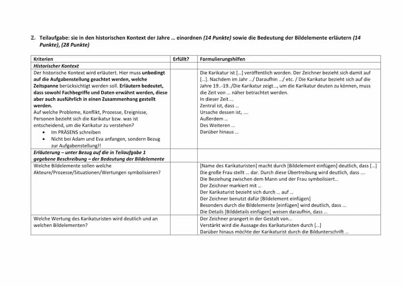 1. Teilaufgabe: sie analysieren, (26 Punkte)
Kriterien
Formale Aspekte
Wer ist der Zeichner und bzw. Auftraggeber? (ggf. soziale
Herkunft, g