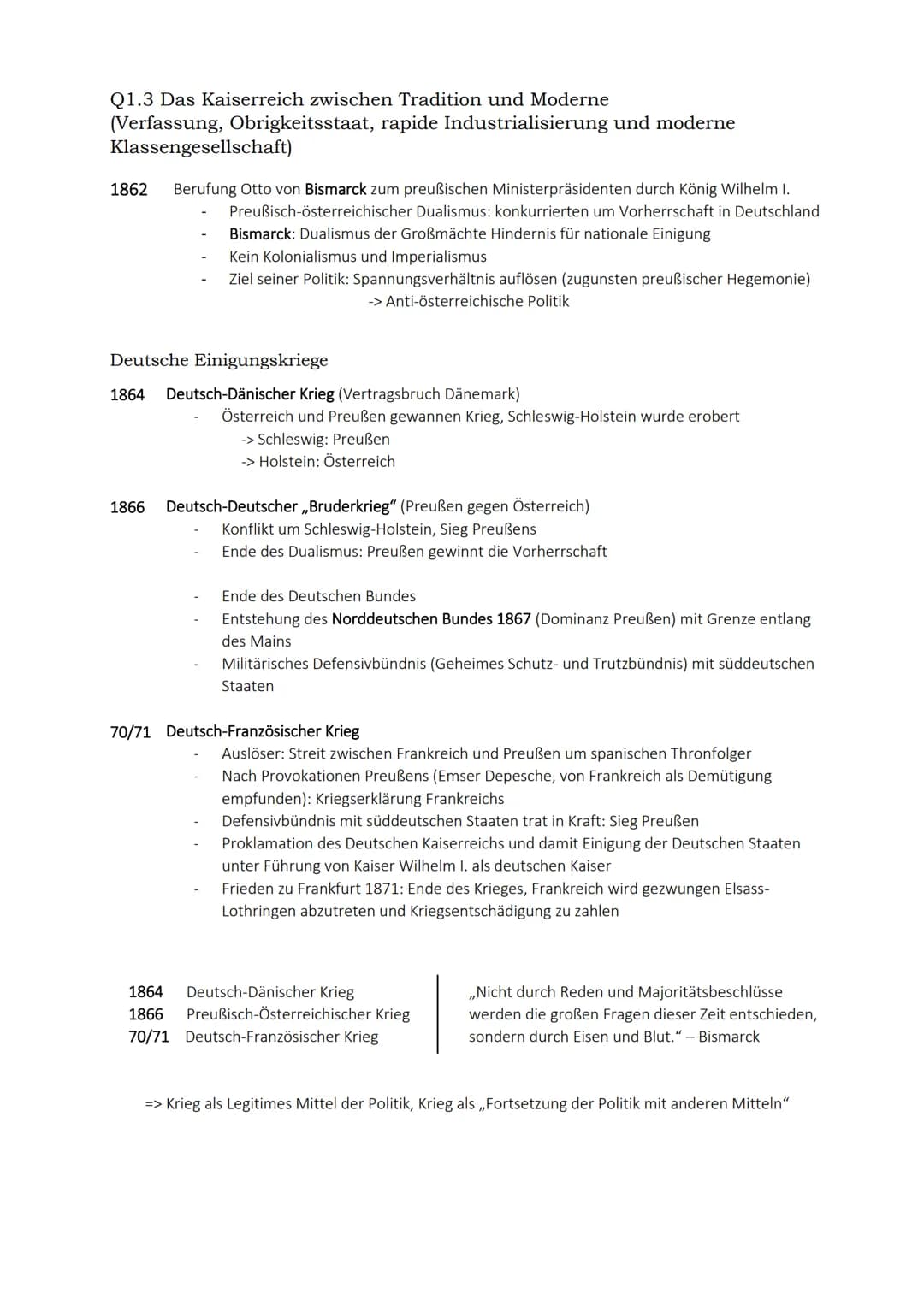 Q1.3 Das Kaiserreich zwischen Tradition und Moderne
(Verfassung, Obrigkeitsstaat, rapide Industrialisierung und moderne
Klassengesellschaft)