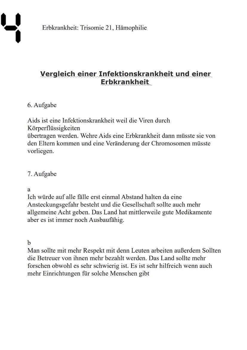 1
Vergleich einer Infektionskrankheit und einer
Erbkrankheit
1. Aufgabe
Definition:
Eine infektiöse Erkrankung ist eine Erkrankung, die ents