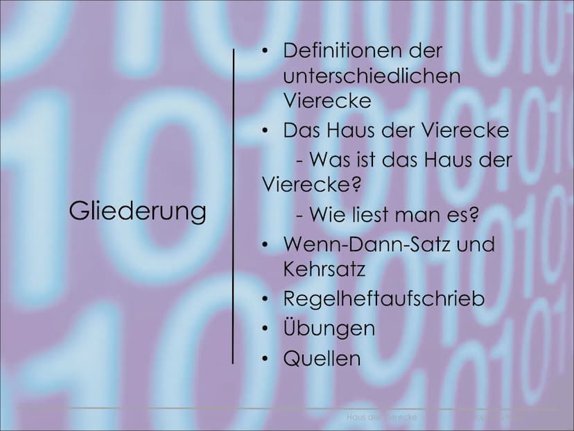  JIUIUIU
Haus der Vierecke
Sophia Stähle
101010
101010 Gliederung
●
Definitionen der
unterschiedlichen
Vierecke
• Das Haus der Vierecke
- Wa