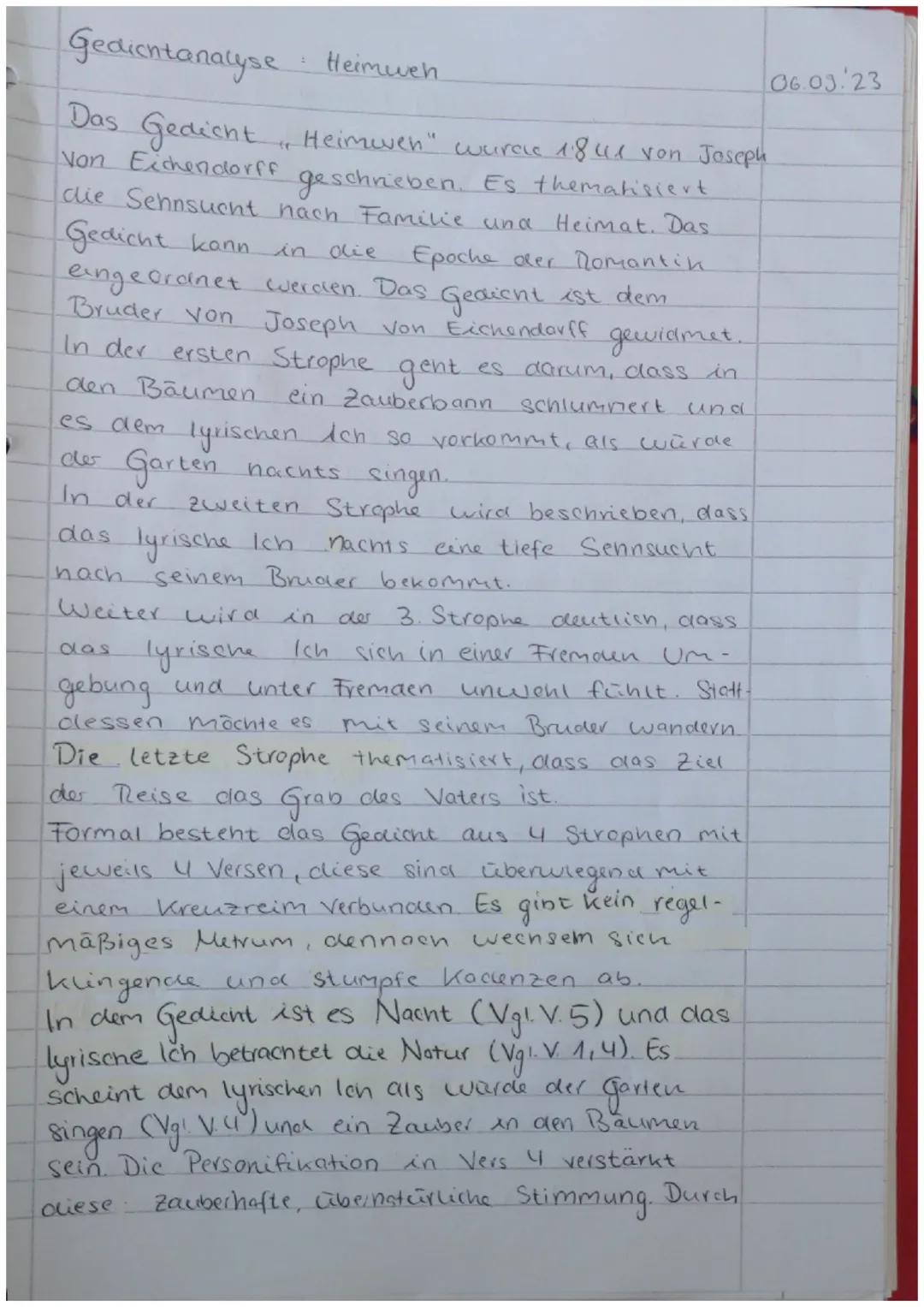 Gedientanalyse Heimweh

Das Gedicht, Heimuwen" wurace 1841 von Joseph
Von Eichendorff geschrieben. Es thematisiert
die Sehnsucht nach Famili
