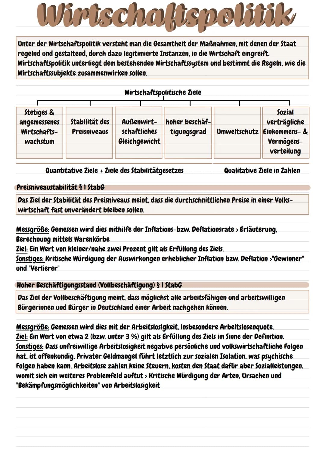 Wirtschaftspolitik
Unter der Wirtschaftspolitik versteht man die Gesamtheit der Maßnahmen, mit denen der Staat
regelnd und gestaltend, durch