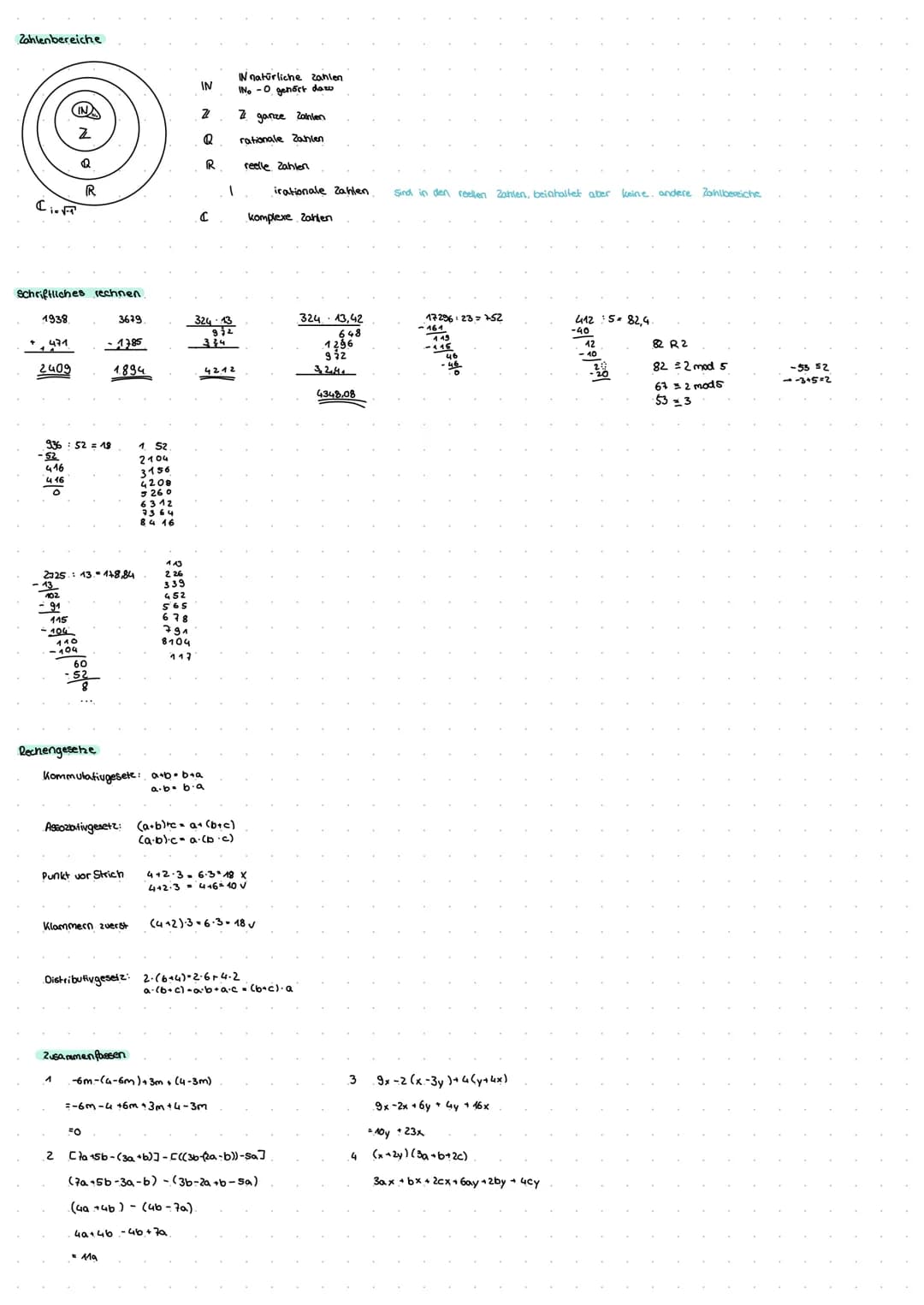 Zahlenbereiche
(₁.FT
Be
Schriftliches rechnen
1938
+471
2409
Z
-91
115
104
936 52 = 18
416
416
Q
-104
2325 13.148,84
R
Rechengesetze
60
^
36