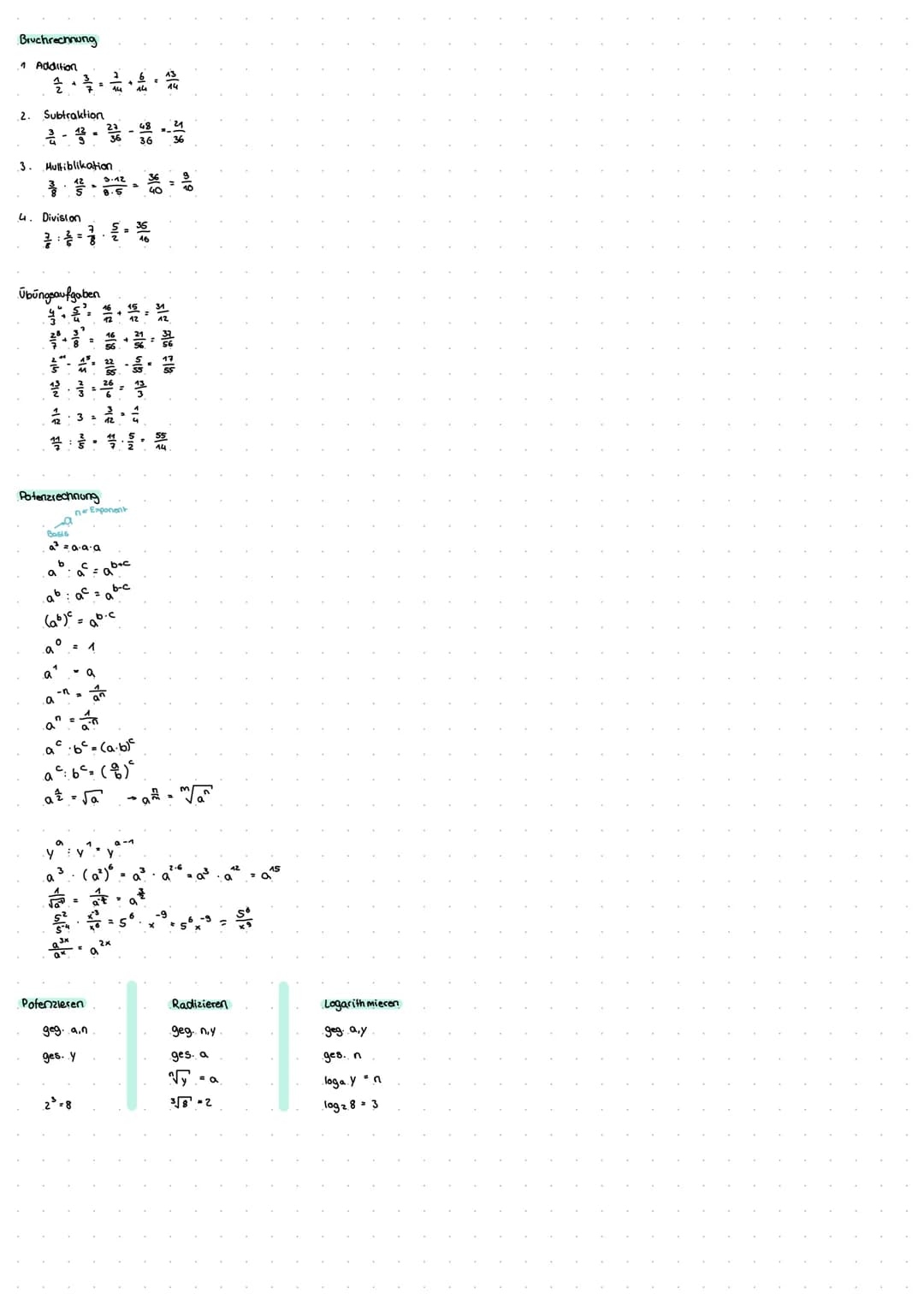 Zahlenbereiche
(₁.FT
Be
Schriftliches rechnen
1938
+471
2409
Z
-91
115
104
936 52 = 18
416
416
Q
-104
2325 13.148,84
R
Rechengesetze
60
^
36