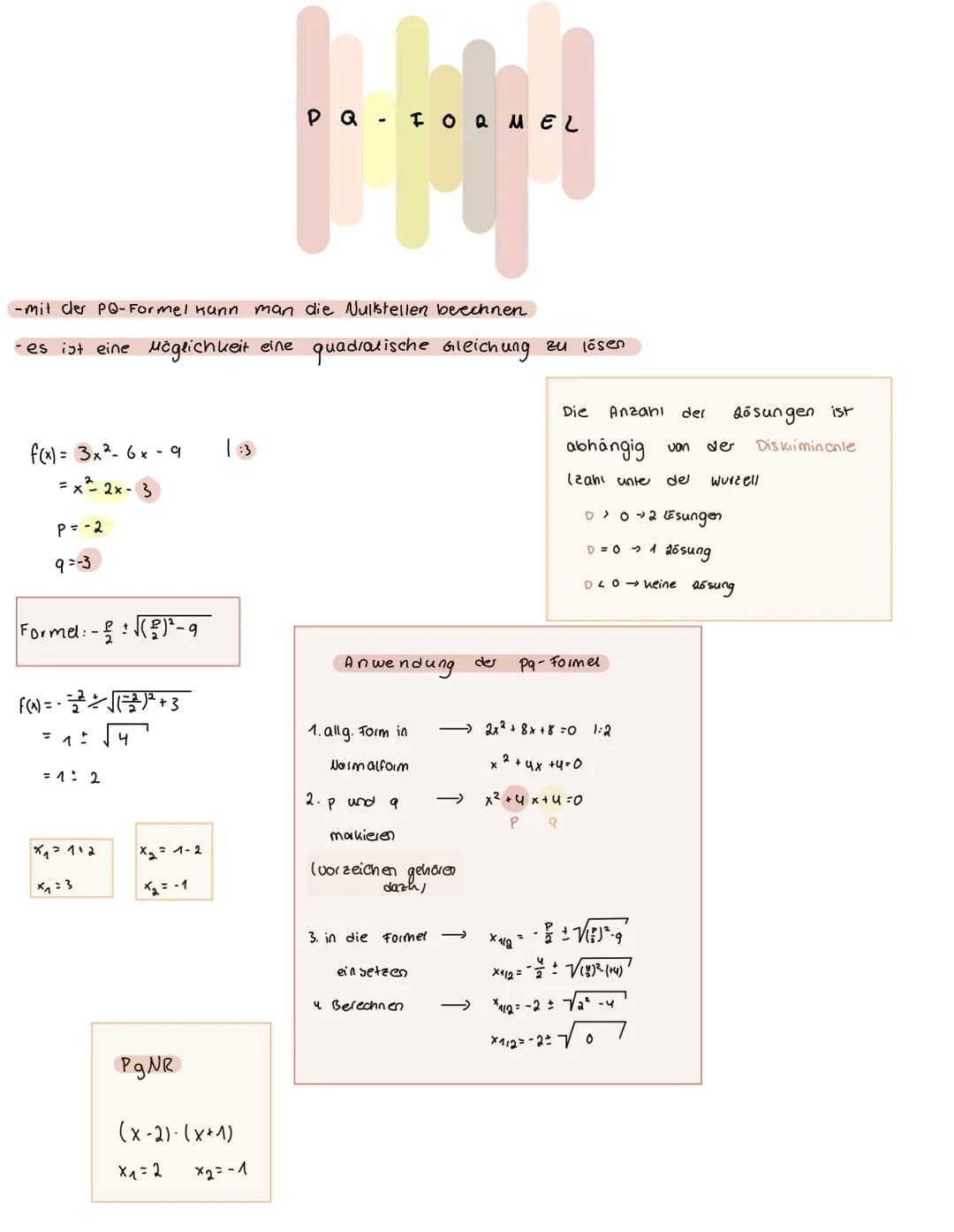 - mit der PQ-Formel kann man die Nullstellen beechnen
- es ist eine Möglichkeit eine quadratische Gleichung zu lösen
f(x)= 3x² - 6x - 9
=x²2