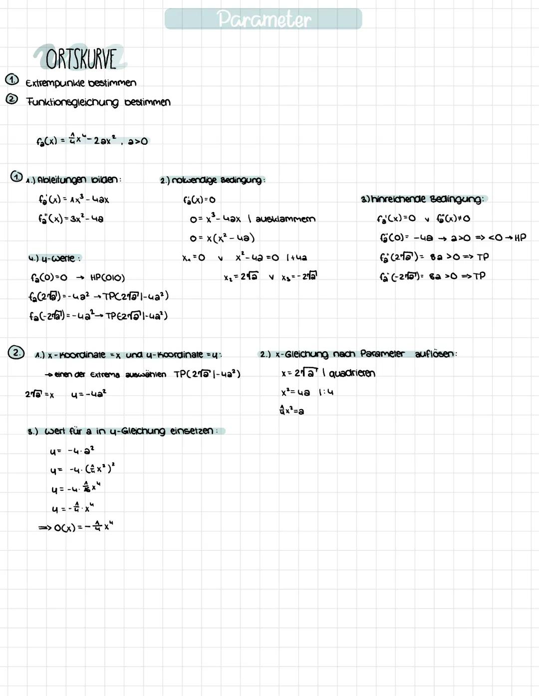 (1.)
Extrempunkle bestimmen
2 Funktionsgleichung bestimmen.
(₁.)
ORTSKURVE
(2.
f₂(x)=x²-2ax², a>0
1.) Ableitungen bilden:
f(x) = 1x²³-4ax
f(