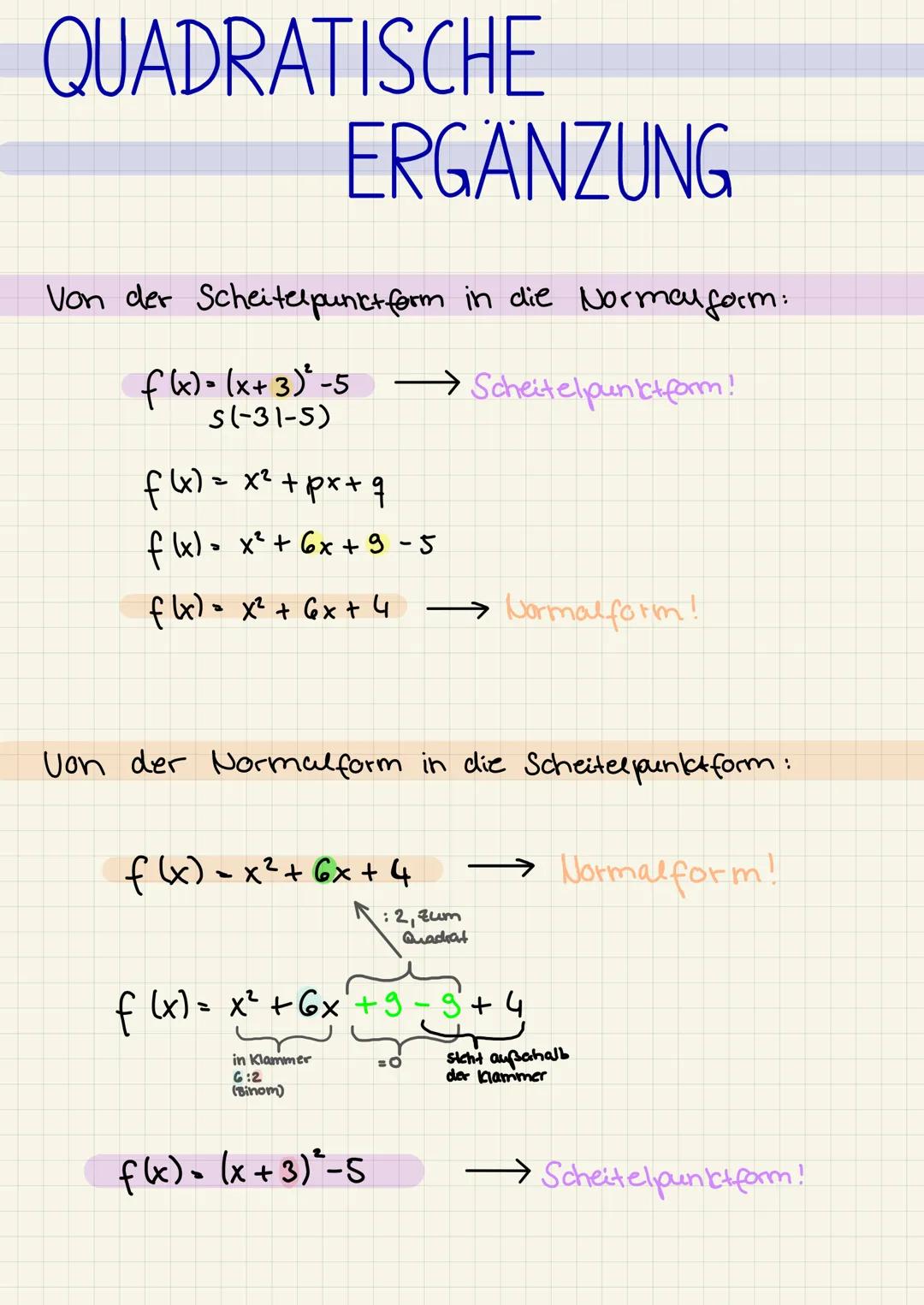 QUADRATISCHE
ERGÄNZUNG
Von der Scheitelpunkt form in die Normal form:
f(x) = (x+3)²-5
→→Scheitelpunkt form!
s(-31-5)
f(x) = x² + px + q
f(x)