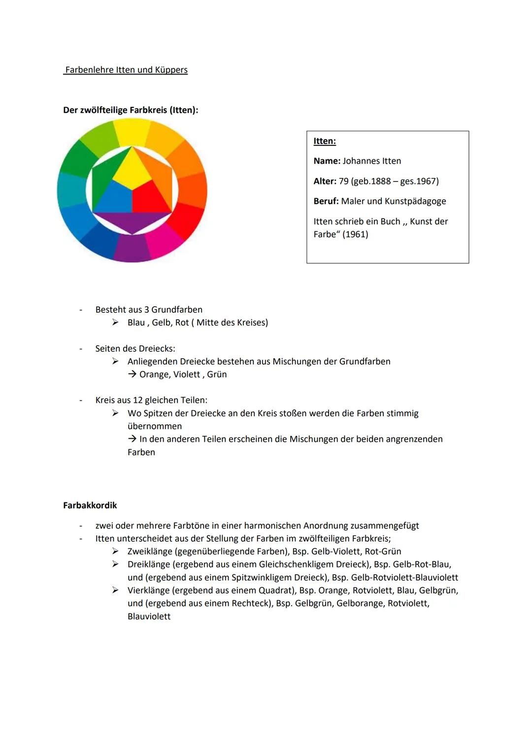 Farbenlehre Itten und Küppers
Der zwölfteilige Farbkreis (Itten):
Besteht aus 3 Grundfarben
➤ Blau, Gelb, Rot (Mitte des Kreises)
Seiten des