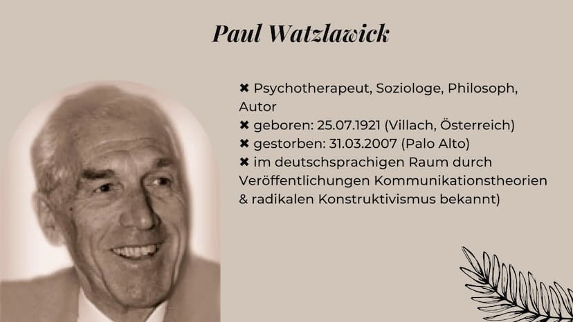 PAUL
WATZLAWICK
Die 5 Axiome
KOMMUNIKATION Gliederung:
*Paul Watzlawick
* seine Definitionen (Axiome, Kommunikation)
* Die 5 Axiome Paul Wat