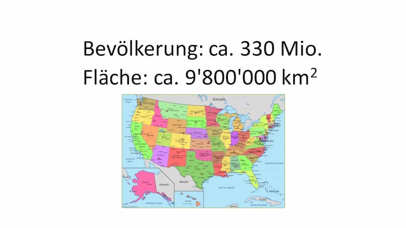 United States of America Inhaltsverzeichnis
●
●
Allgemeine Daten
Geschichte
Menü Lage
Nordamerika Bevölkerung: ca. 330 Mio.
Fläche: ca. 9'80