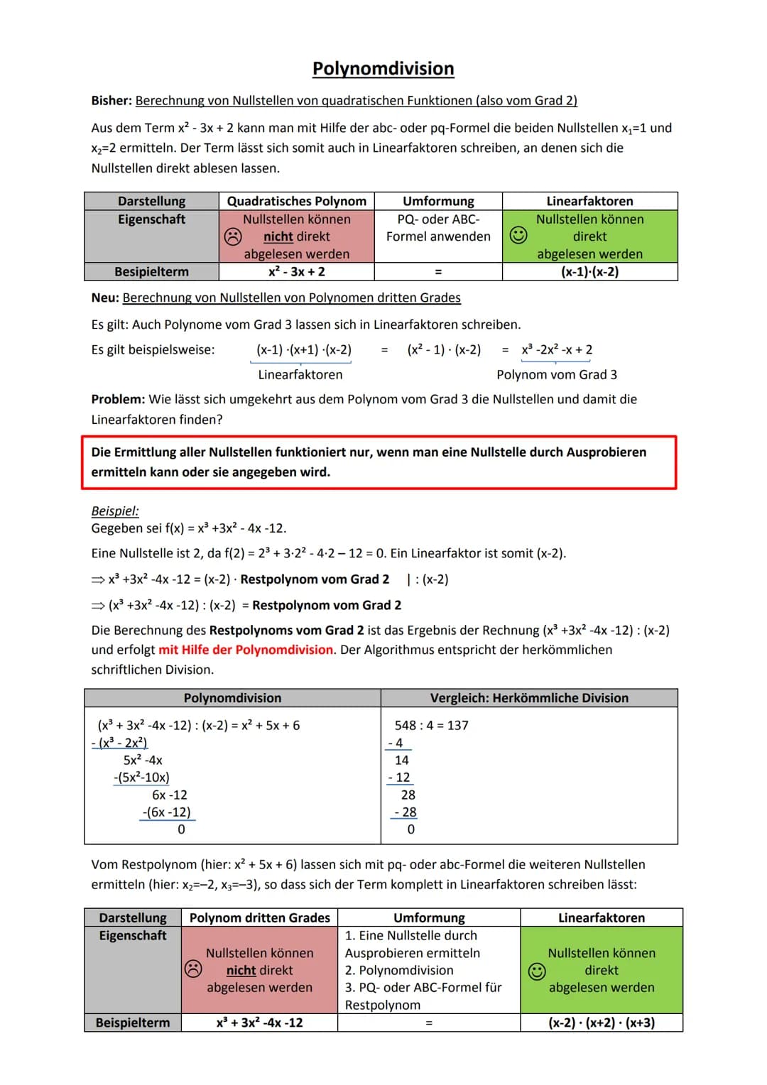 Polynomdivision
Bisher: Berechnung von Nullstellen von quadratischen Funktionen (also vom Grad 2)
Aus dem Term x² - 3x + 2 kann man mit Hilf