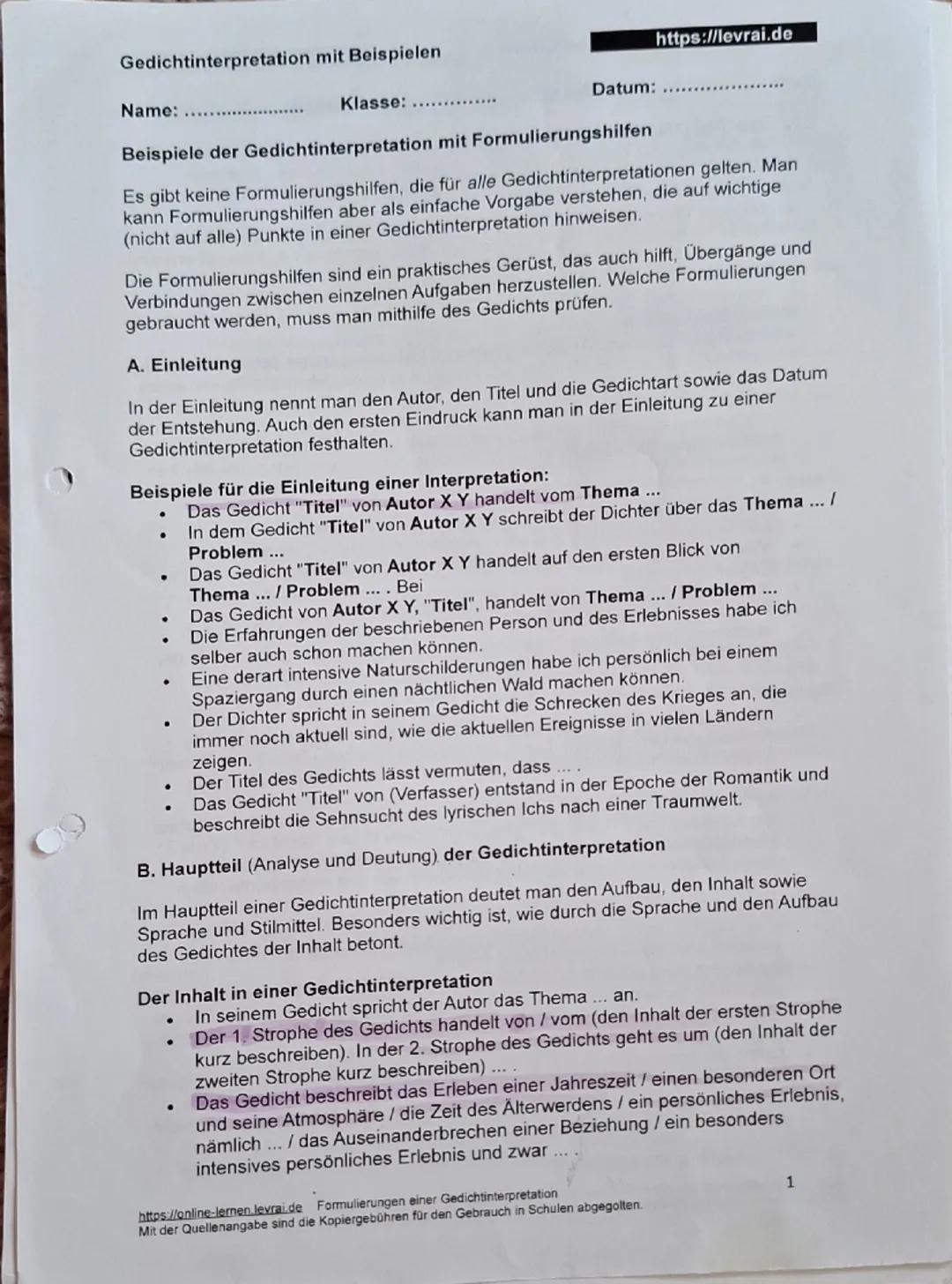Gedichtinterpretation mit Beispielen
Name: 
Klasse: 
https://levrai.de
Datum: 
Beispiele der Gedichtinterpretation mit Formulierungshilfen
E