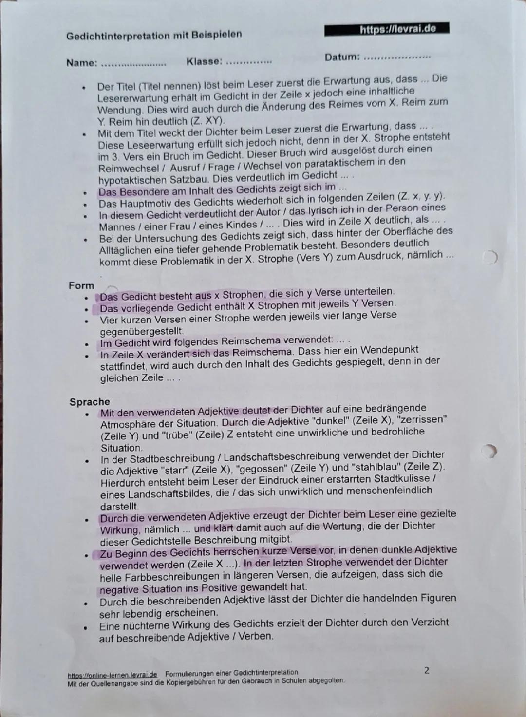 Gedichtinterpretation mit Beispielen
Name: 
Klasse: 
https://levrai.de
Datum: 
Beispiele der Gedichtinterpretation mit Formulierungshilfen
E