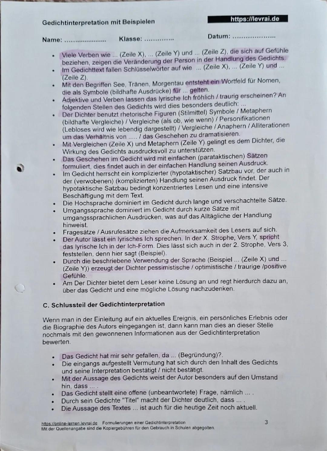 Gedichtinterpretation mit Beispielen
Name: 
Klasse: 
https://levrai.de
Datum: 
Beispiele der Gedichtinterpretation mit Formulierungshilfen
E