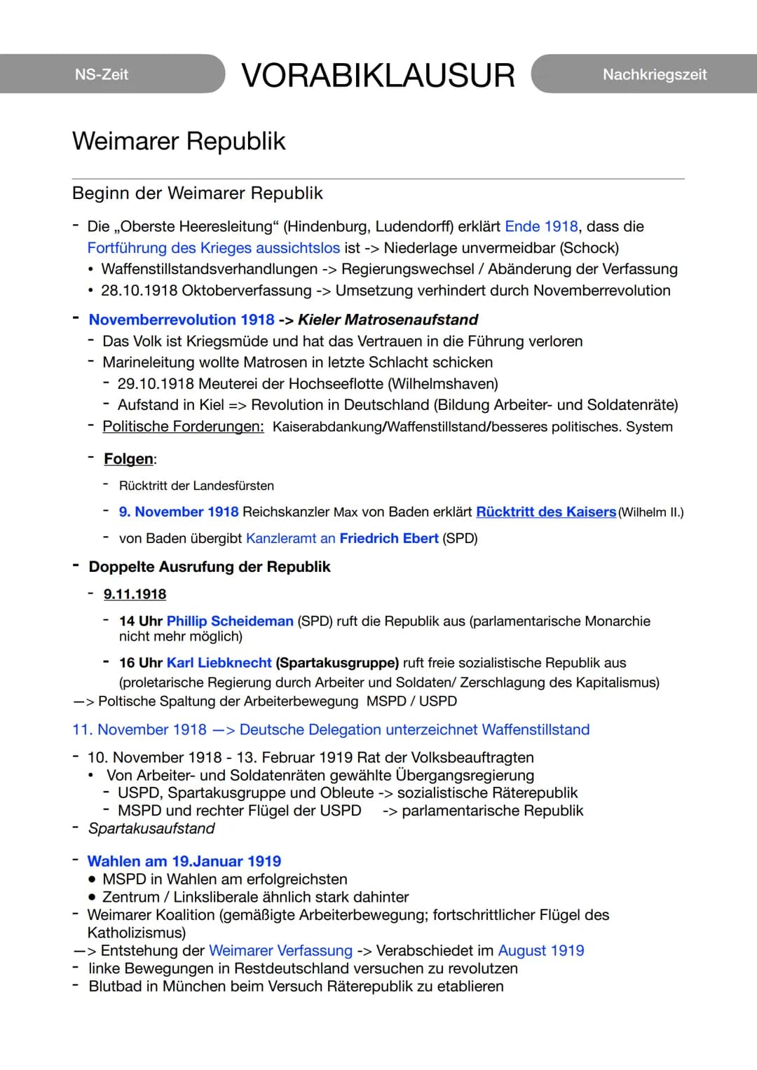 NS-Zeit
VORABIKLAUSUR
Weimarer Republik
Nachkriegszeit
Beginn der Weimarer Republik
- Die ,,Oberste Heeresleitung" (Hindenburg, Ludendorff) 