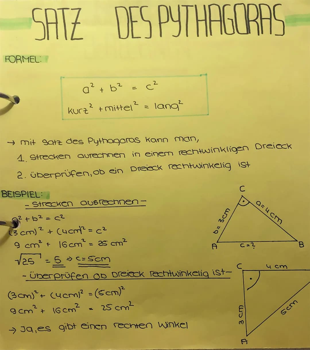 SATZ DES PYTHAGORAS
FORMEL:
a²
c²
kurz ² + mittel² = lang²
+
b²
=
→ mit Satz des Pythagoras kann man,
1. Strecken aurechnen in einem rechtwi