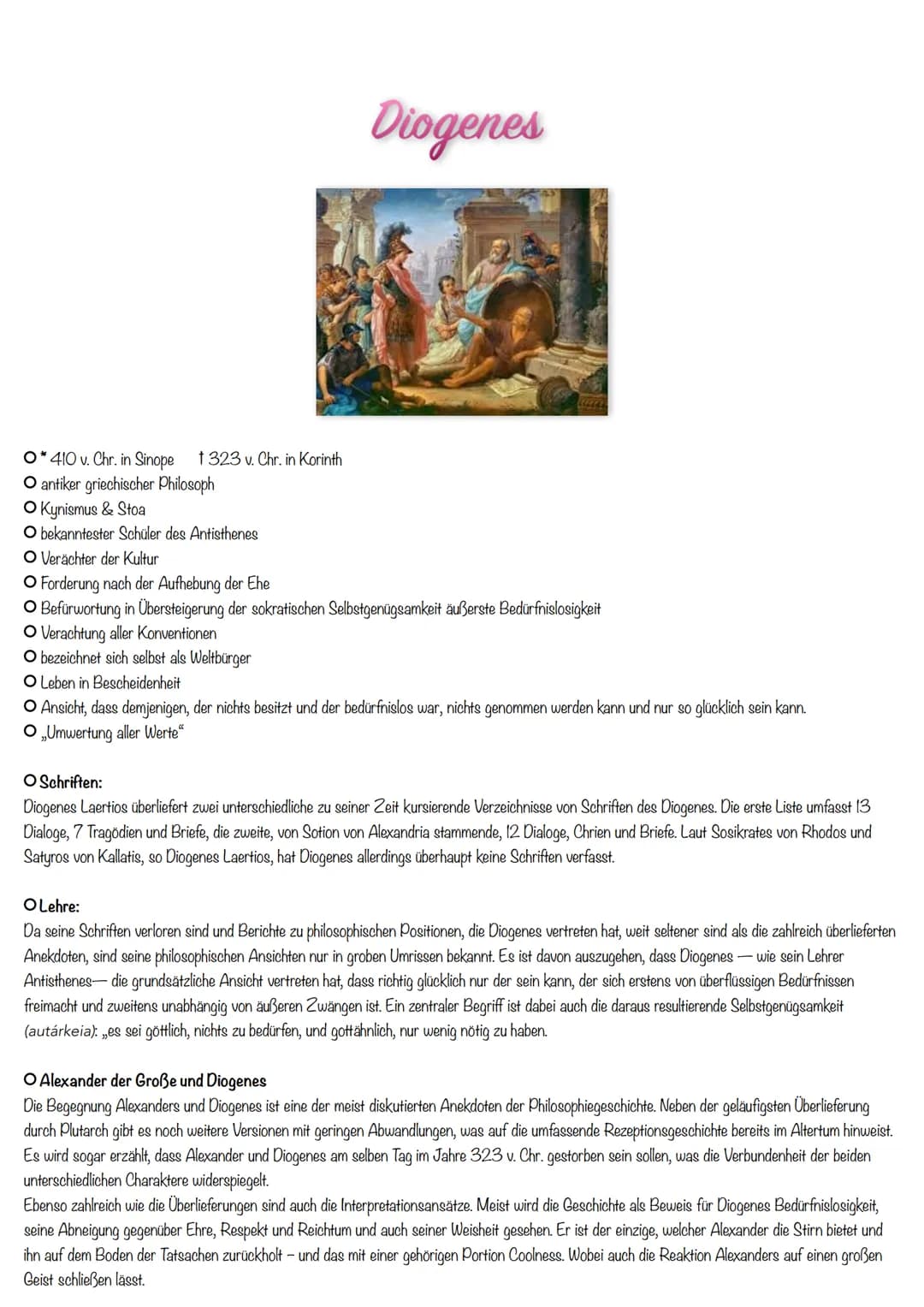 O* 410 v. Chr. in Sinope
O antiker griechischer Philosoph
O Kynismus & Stoa
O bekanntester Schüler des Antisthenes
O Verächter der Kultur
† 