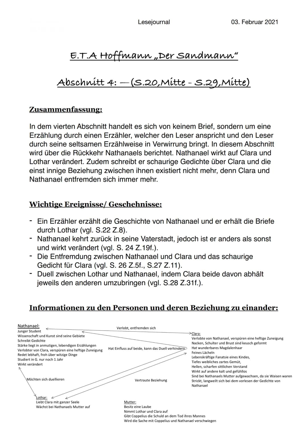 Lesejournal
05. Februar 2021
E.T.A Hoffmann „Der Sandmann“
Ooo Abendritual
Schlaf Sand
Zwerg
Kinder
Streut Schlaf
Bettzeit
Lesejournal
Der S