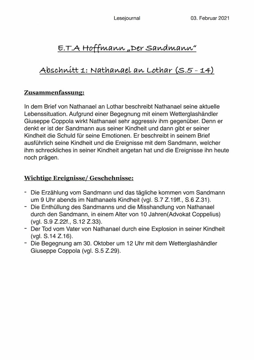 Lesejournal
05. Februar 2021
E.T.A Hoffmann „Der Sandmann“
Ooo Abendritual
Schlaf Sand
Zwerg
Kinder
Streut Schlaf
Bettzeit
Lesejournal
Der S