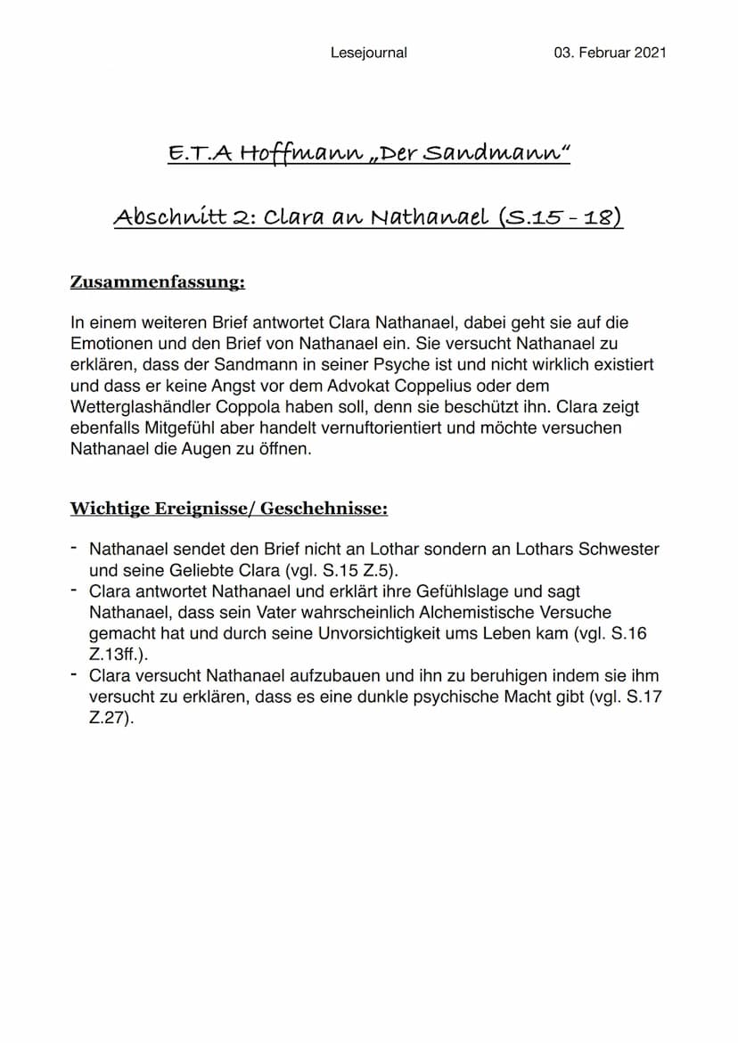 Lesejournal
05. Februar 2021
E.T.A Hoffmann „Der Sandmann“
Ooo Abendritual
Schlaf Sand
Zwerg
Kinder
Streut Schlaf
Bettzeit
Lesejournal
Der S