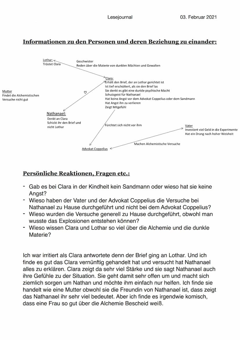 Lesejournal
05. Februar 2021
E.T.A Hoffmann „Der Sandmann“
Ooo Abendritual
Schlaf Sand
Zwerg
Kinder
Streut Schlaf
Bettzeit
Lesejournal
Der S