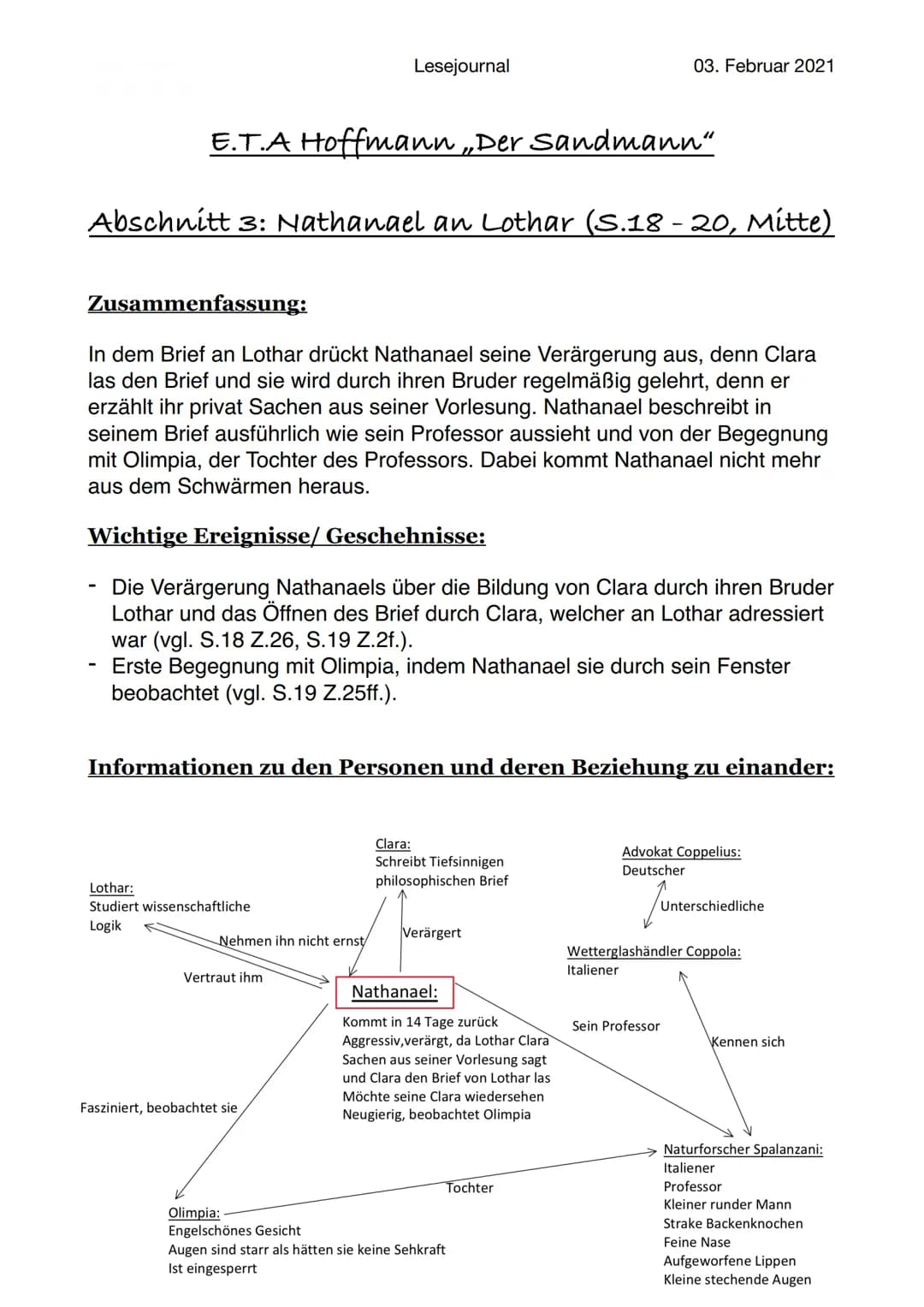 Lesejournal
05. Februar 2021
E.T.A Hoffmann „Der Sandmann“
Ooo Abendritual
Schlaf Sand
Zwerg
Kinder
Streut Schlaf
Bettzeit
Lesejournal
Der S
