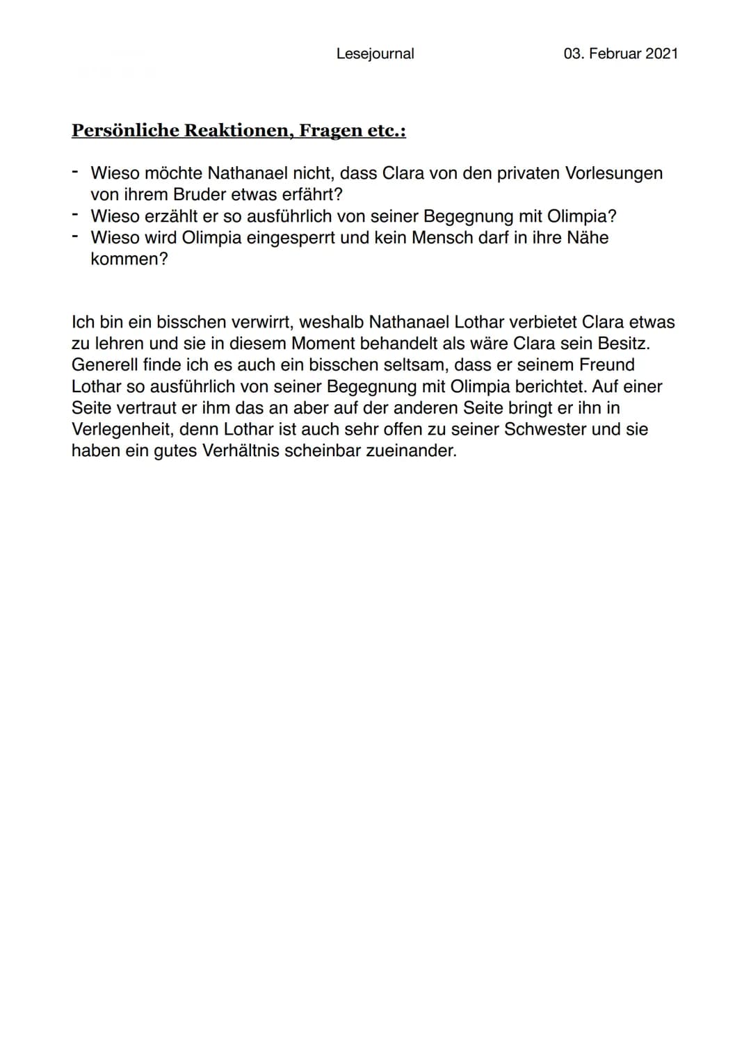 Lesejournal
05. Februar 2021
E.T.A Hoffmann „Der Sandmann“
Ooo Abendritual
Schlaf Sand
Zwerg
Kinder
Streut Schlaf
Bettzeit
Lesejournal
Der S