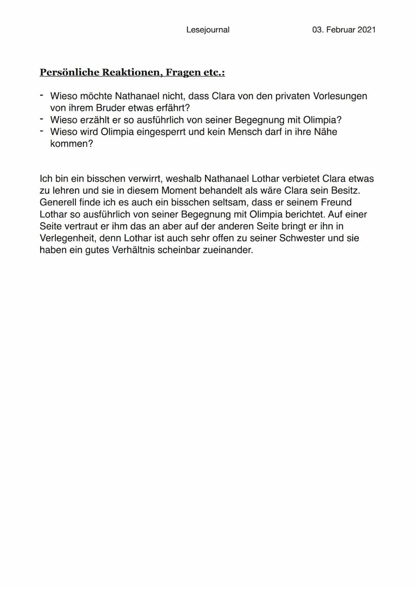 Lesejournal
05. Februar 2021
E.T.A Hoffmann „Der Sandmann“
Ooo Abendritual
Schlaf Sand
Zwerg
Kinder
Streut Schlaf
Bettzeit
Lesejournal
Der S
