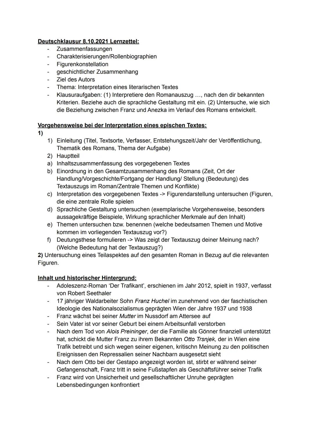 Deutschklausur 8.10.2021 Lernzettel:
Zusammenfassungen
Charakterisierungen/Rollenbiographien
Figurenkonstellation
geschichtlicher Zusammenha
