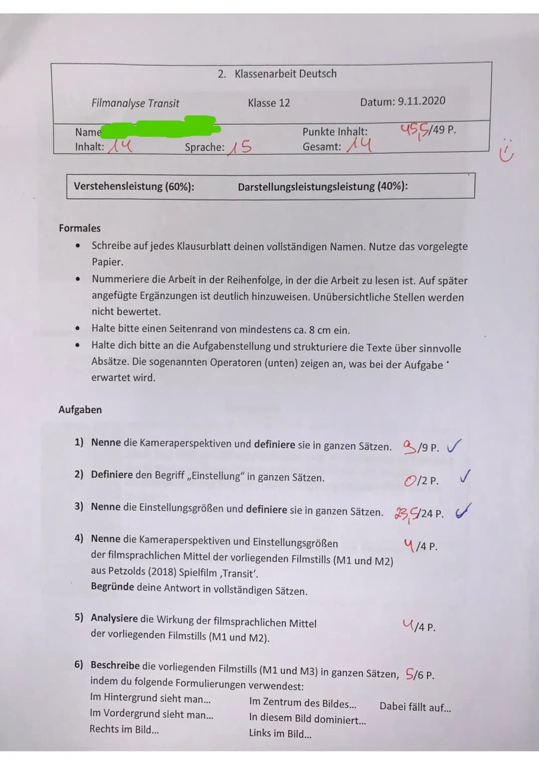 Name
Inhalt:
Verstehensleistung (60%):
Formales
●
Filmanalyse Transit
●
●
●
2. Klassenarbeit Deutsch
Klasse 12
Sprache: 5
Aufgaben
Datum: 9.