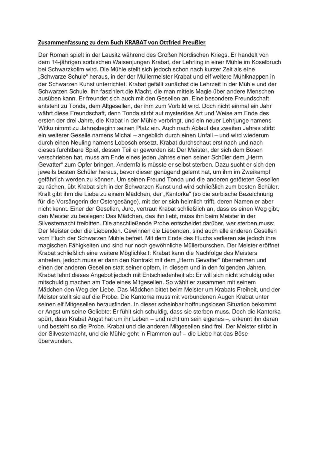 Krabat Zusammenfassung kurz, Kapitel für Kapitel & Klassenarbeit Tipps