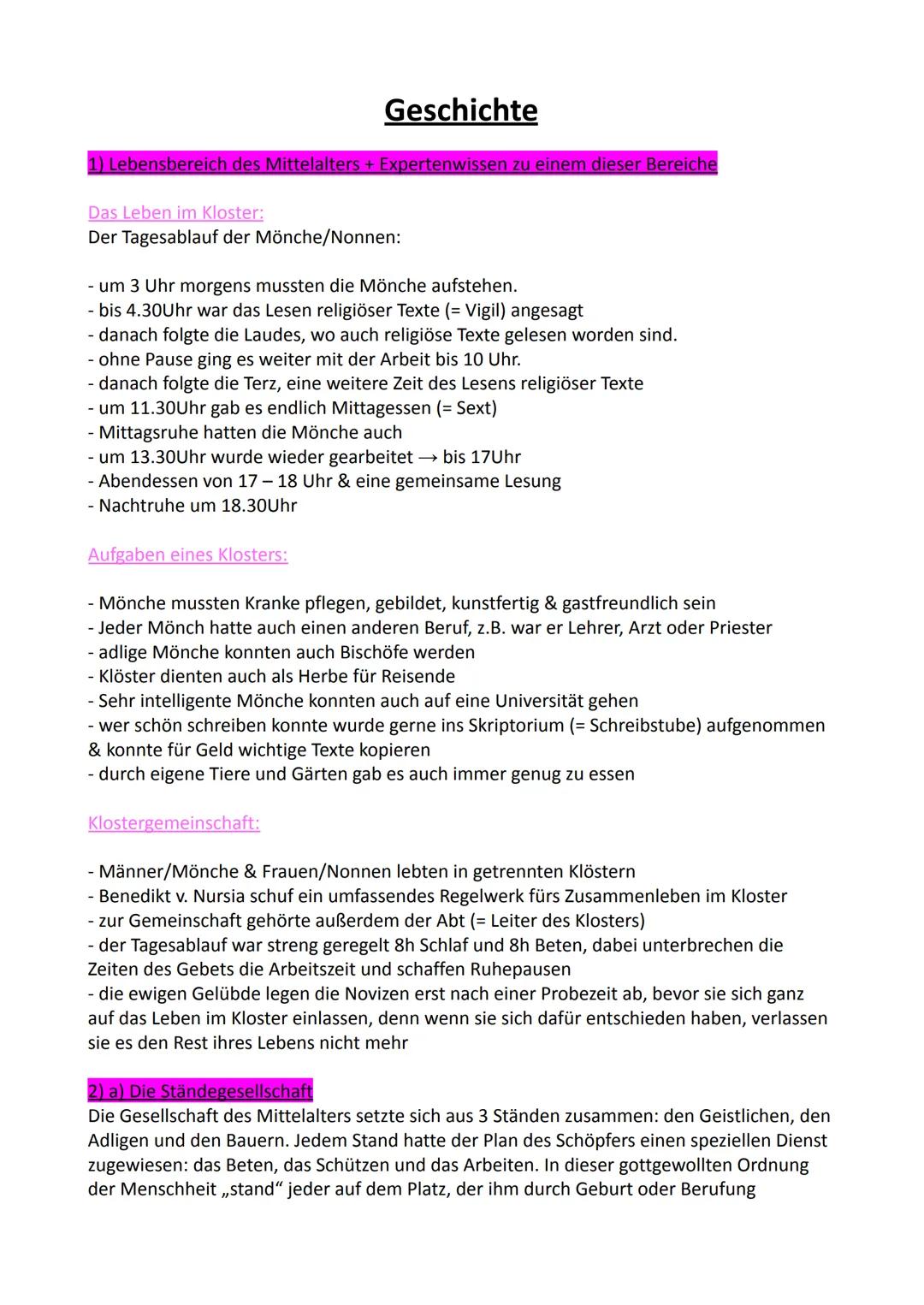 # Geschichte

1) Lebensbereich des Mittelalters + Expertenwissen zu einem dieser Bereiche

Das Leben im Kloster:
Der Tagesablauf der Mönche/