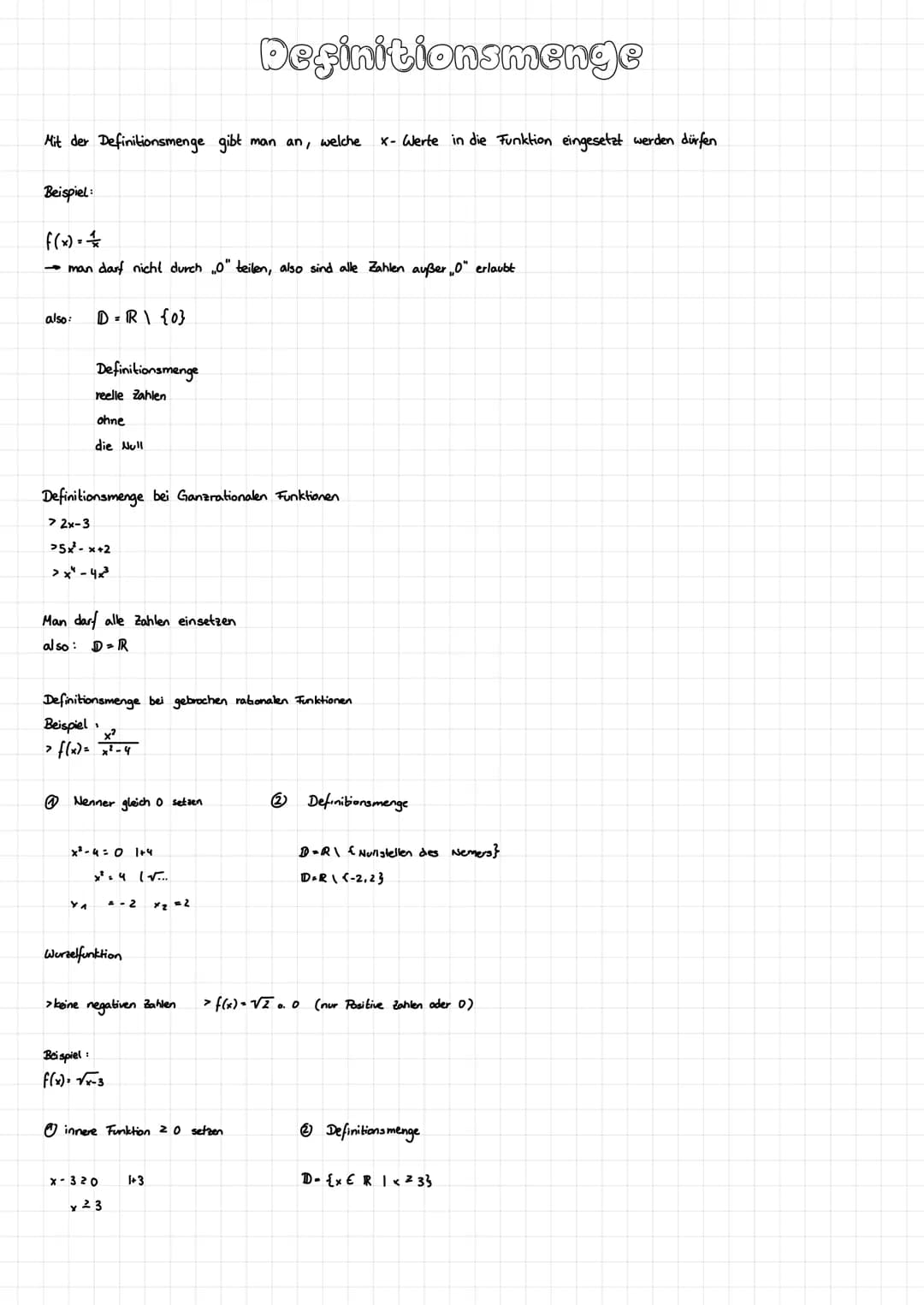 Mit der Definitionsmenge gibt man an, welche x-Werte in die Funktion eingesetzt werden dürfen
Beispiel:
f(x) =
→ man darf nicht durch "0" te