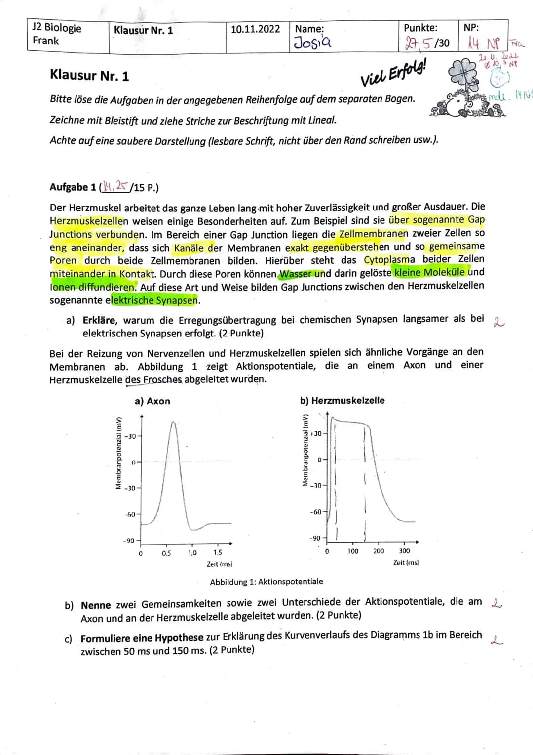 J2 Biologie
Frank
Klausur Nr. 1
Klausur Nr. 1
Viel Erfolg!
Bitte löse die Aufgaben in der angegebenen Reihenfolge auf dem separaten Bogen.
Z