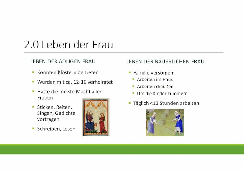 Frauen im Mittelalter
GESCHICHTE Gliederung
1.0 Das Frauenbild
2.0 Leben der Frau
▪ 3.0 Rechte der Frau
▪ 4.0 Frauen in der Ehe
▪ 5.0 Kleidu