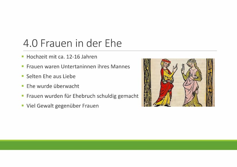 Frauen im Mittelalter
GESCHICHTE Gliederung
1.0 Das Frauenbild
2.0 Leben der Frau
▪ 3.0 Rechte der Frau
▪ 4.0 Frauen in der Ehe
▪ 5.0 Kleidu