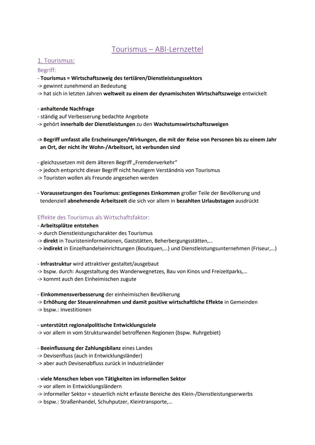 Tourismus - ABI-Lernzettel
1. Tourismus:
Begriff:
- Tourismus = Wirtschaftszweig des tertiären/Dienstleistungssektors
-> gewinnt zunehmend a