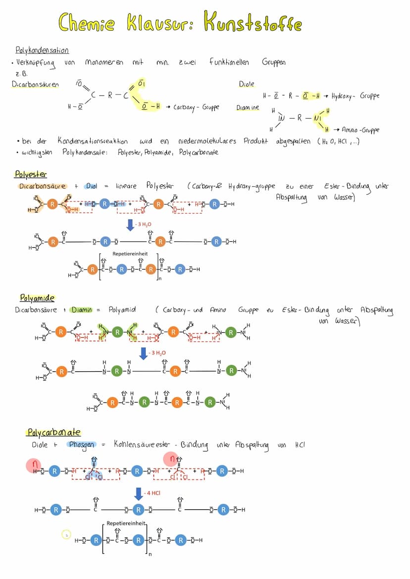 Chemie Klausur: Kunststoffe
Kunststoffe
• bestehen aus Monomeren durch Verknüpfung von vielen monomeren entstehen Langkettige
Makromoleküle 