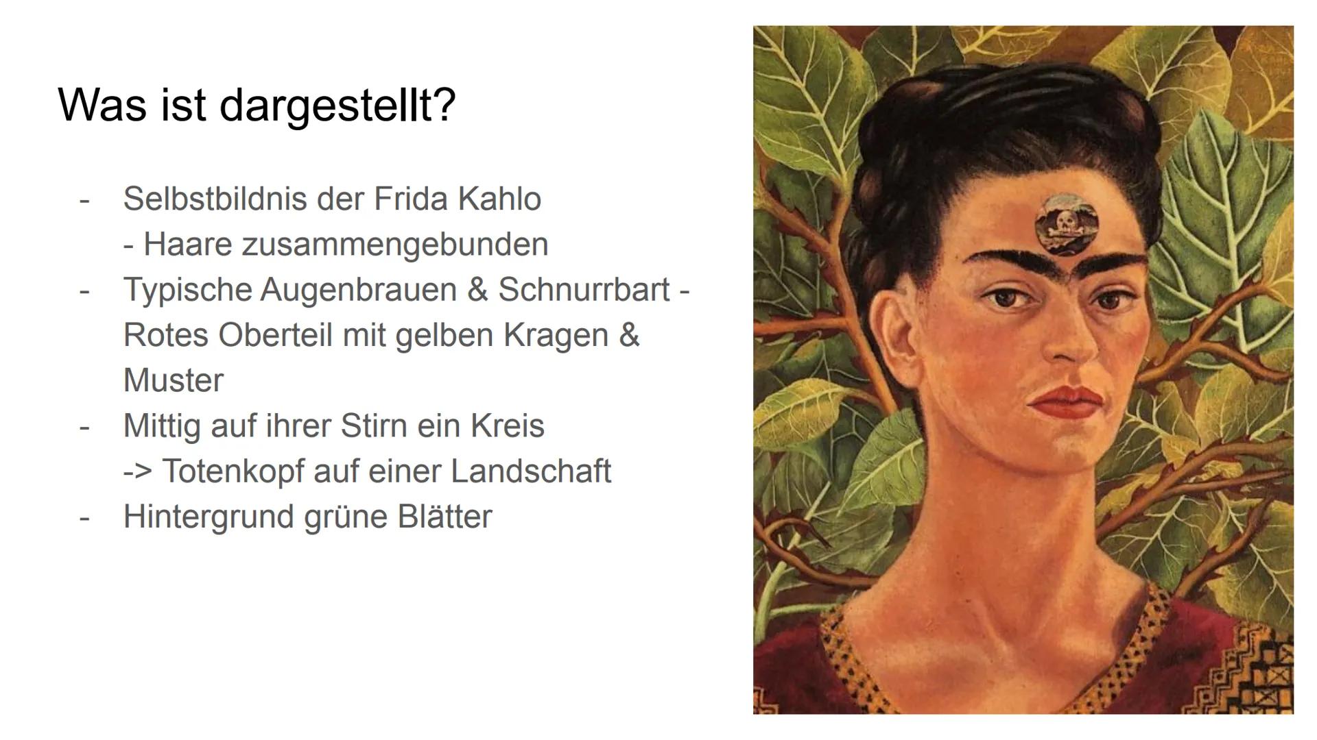 # Über den Tod nachdenken

Frida Kahlo # Inhaltsverzeichnis

1. Frida Kahlo allgemein
2. Bildbeschreibung
   * 2.1 Bestandsaufnahme
   * 2.2