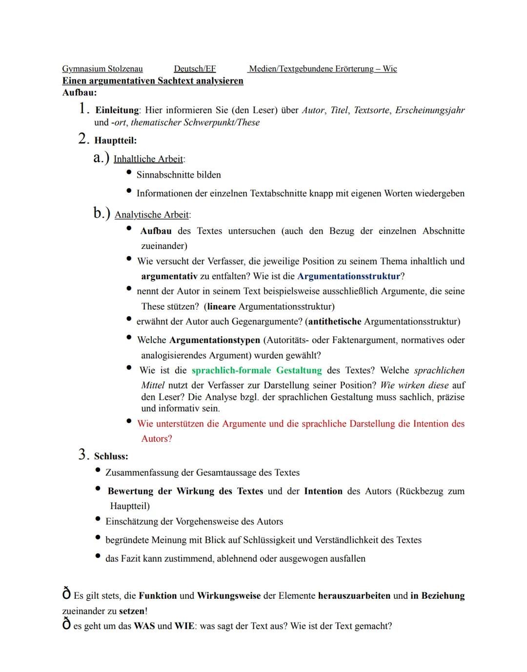 Gymnasium Stolzenau
Einen argumentativen Sachtext analysieren
Aufbau:
Deutsch/EF
1. Einleitung: Hier informieren Sie (den Leser) über Autor,
